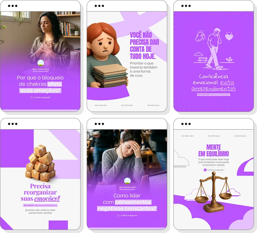 Pack de posts editáveis terapia holística com Instagram de autoconhecimento e desenvolvimento pessoal