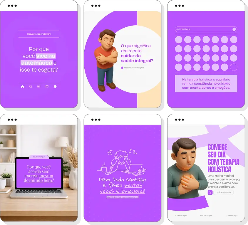 Pack Canva terapia holística com posts para Instagram de energia, equilíbrio e qualidade de vida