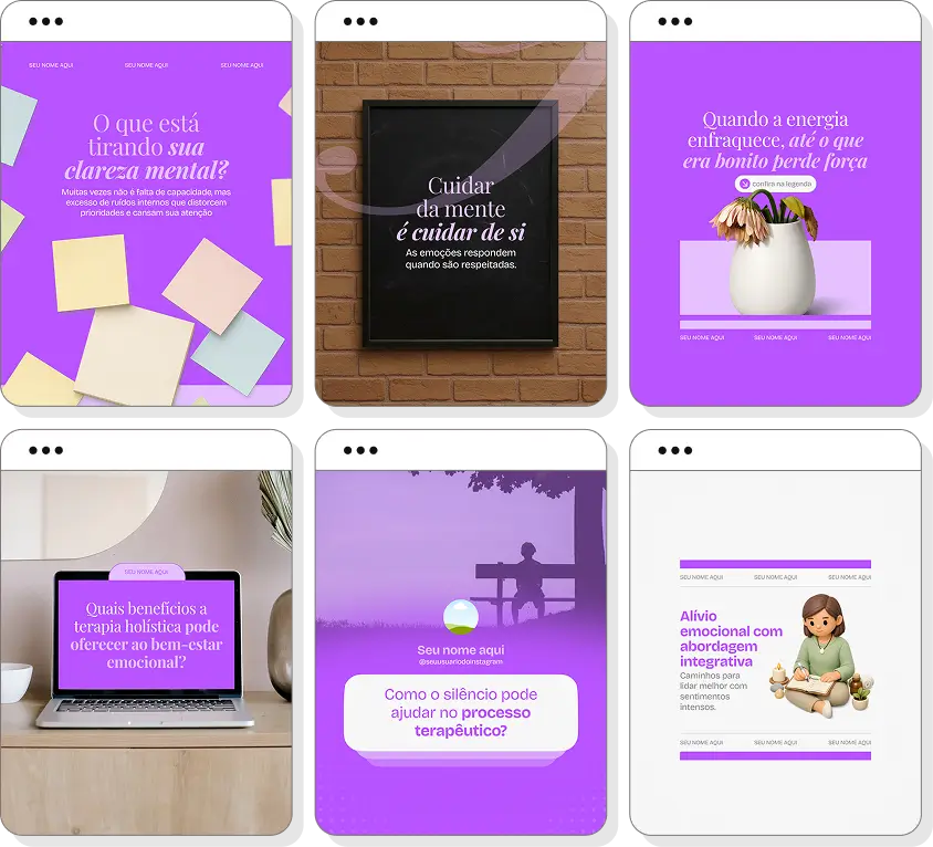 Ideias de post para terapia holística com pack de conteúdo para Instagram sobre bem-estar emocional