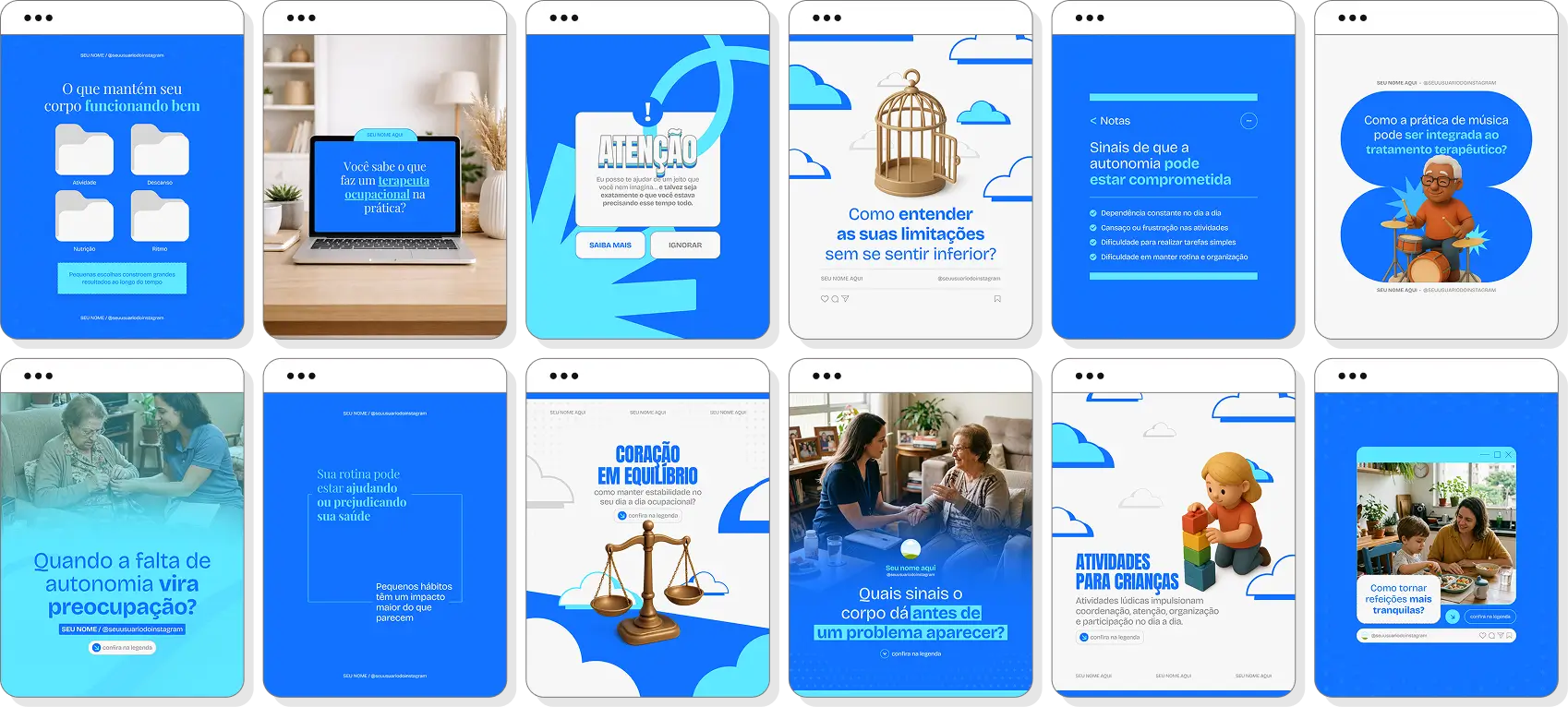 Pack de terapia ocupacional com conteúdos editáveis para Instagram de autonomia e bem-estar