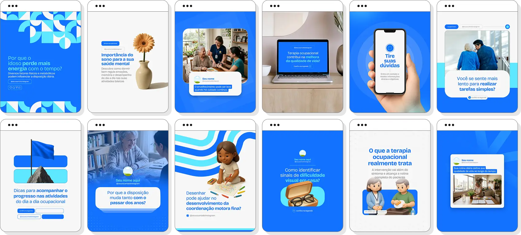 Pack de posts para terapia ocupacional com ideias de conteúdo para Instagram de desenvolvimento funcional