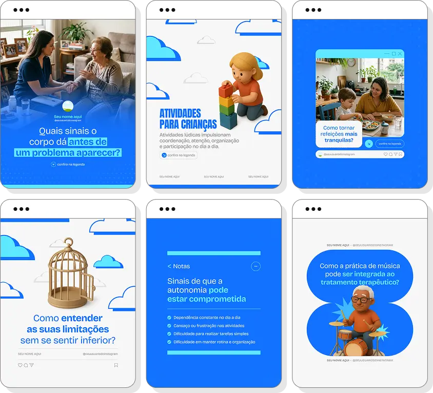 Pack Canva terapia ocupacional com ideias de posts para perfil de Instagram sobre desenvolvimento humano