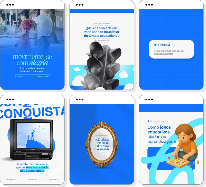 Pack de posts editáveis terapia ocupacional com foco em autonomia, desenvolvimento e inclusão