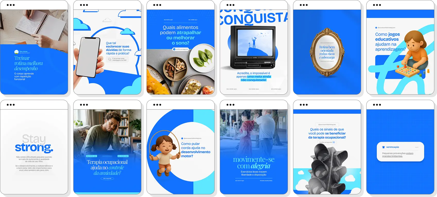 Posts para Instagram terapia ocupacional com pack de templates Canva para terapeutas ocupacionais