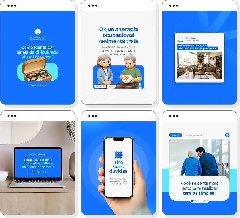 Posts para perfil de terapia ocupacional no Instagram com templates Canva sobre autonomia e inclusão