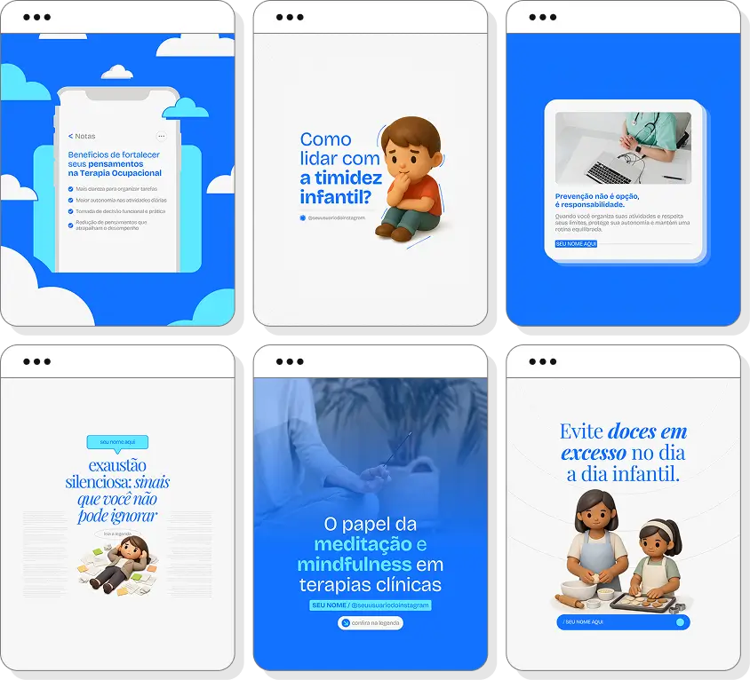 Pack de posts para Instagram terapia ocupacional com artes editáveis sobre desenvolvimento funcional