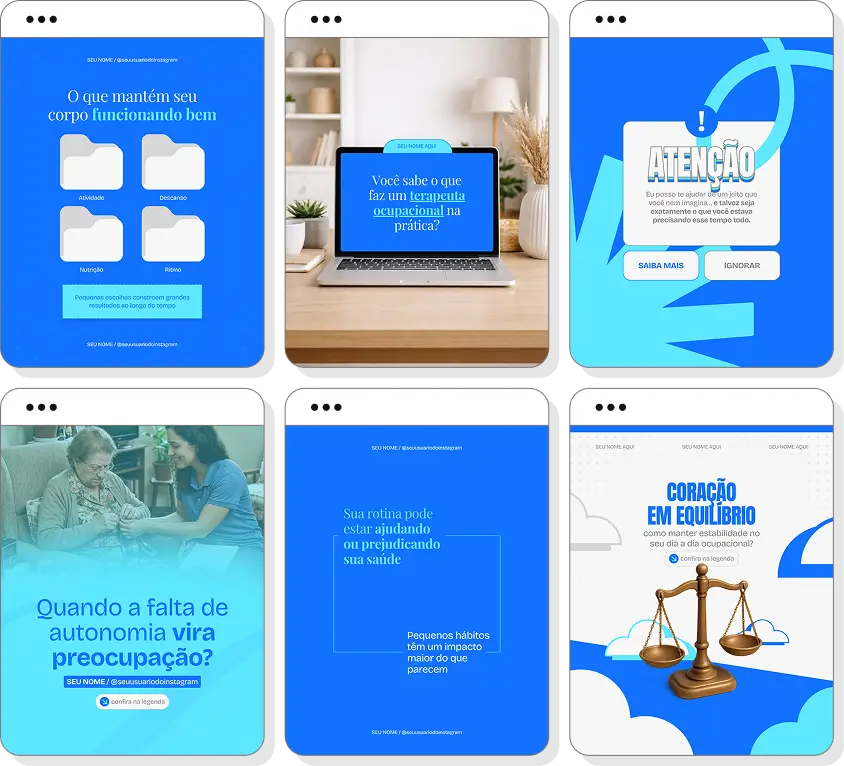 Pack social media terapia ocupacional com conteúdos para Instagram de independência e qualidade de vida