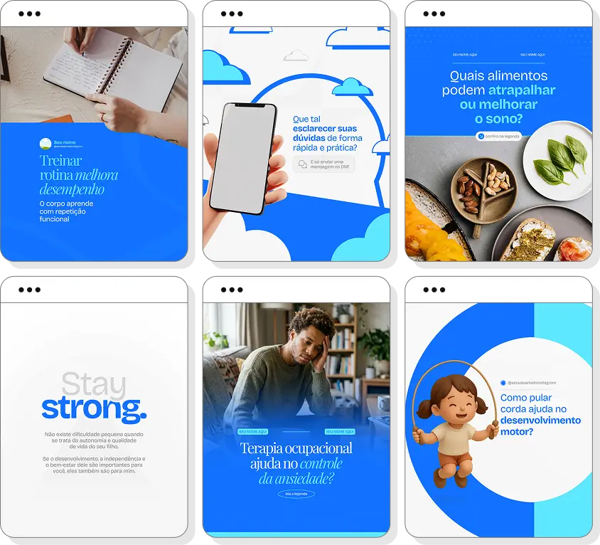Pack Canva terapia ocupacional com posts para Instagram de habilidades funcionais e autonomia