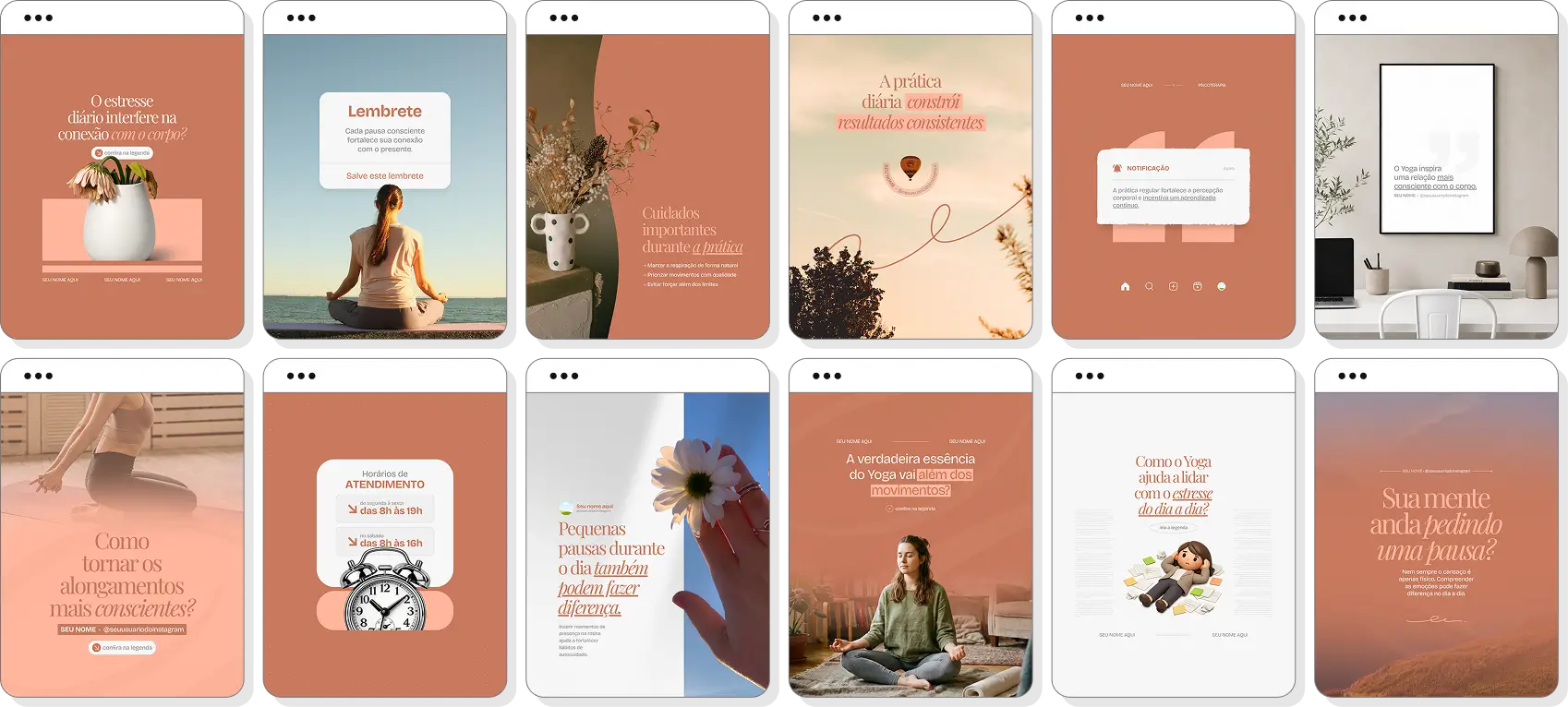 Pack de posts yoga com conteúdo para Instagram de equilíbrio, meditação e qualidade de vida