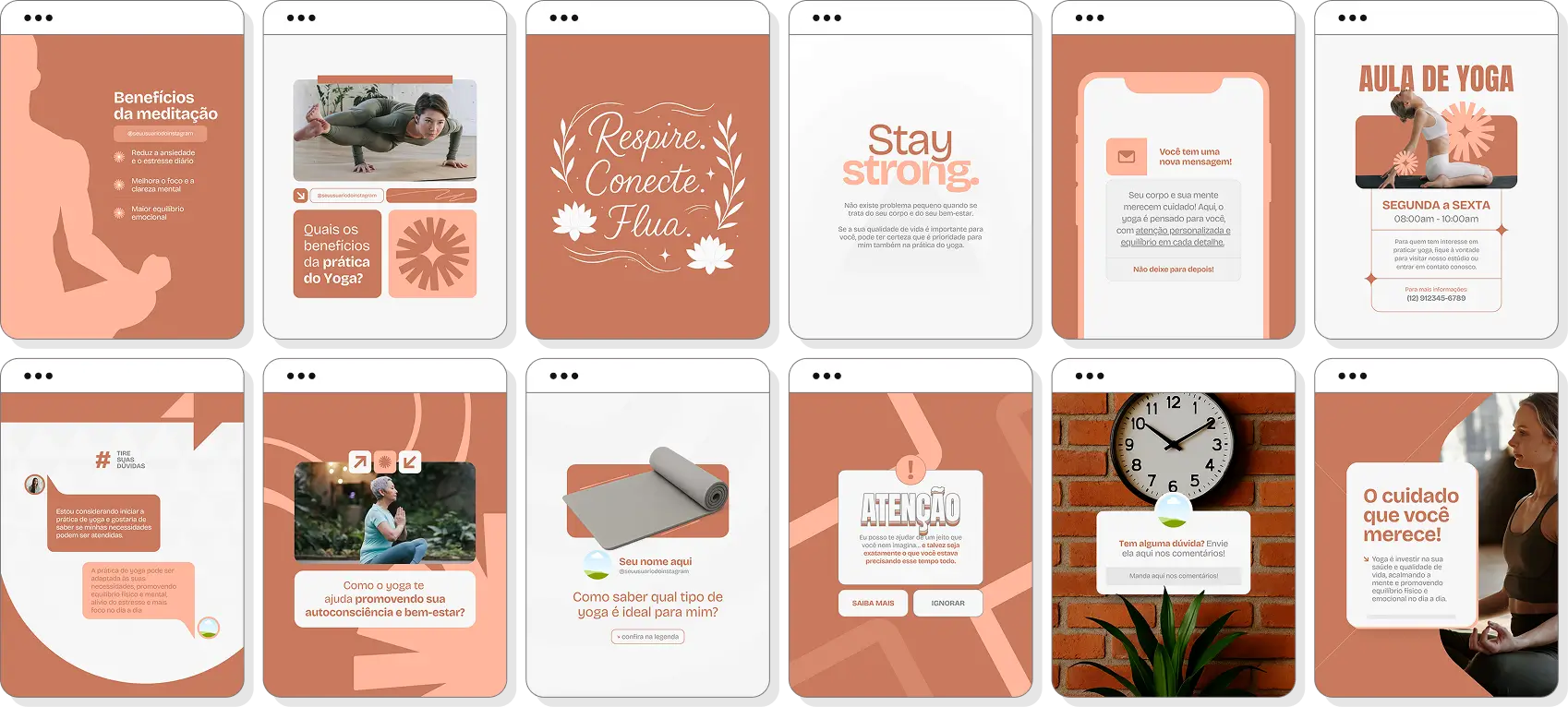 Pack de posts editáveis yoga com foco em equilíbrio, flexibilidade e prática de yoga