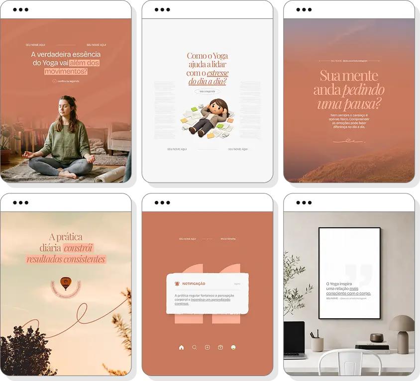 Posts para Instagram yoga com pack Canva editável sobre yoga e flexibilidade corporal