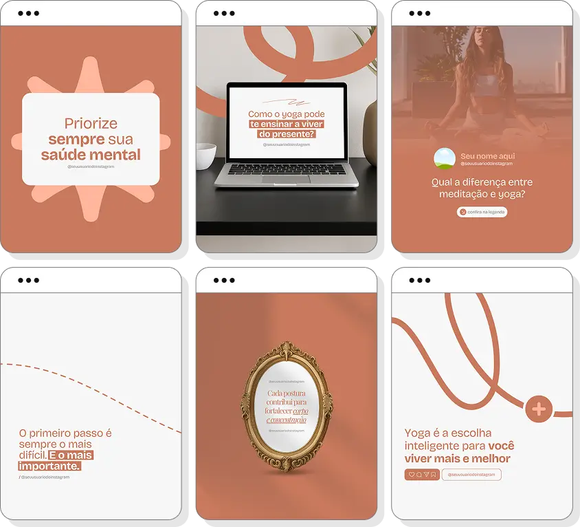 Social media yoga com pack de posts para Instagram de yoga, meditação e qualidade de vida