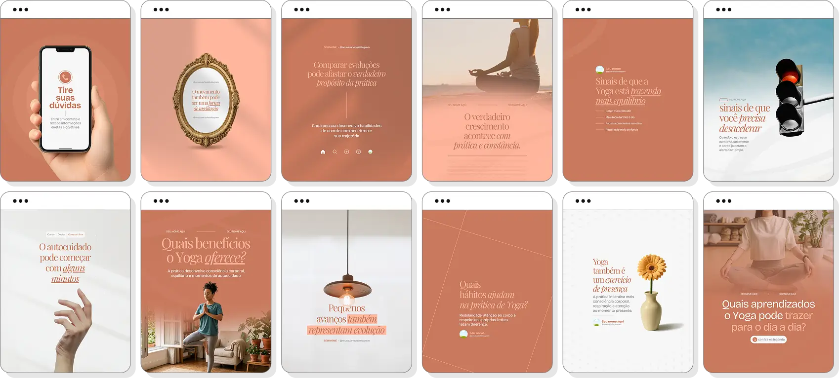 Social media yoga com templates para Instagram de posturas, respiração e relaxamento