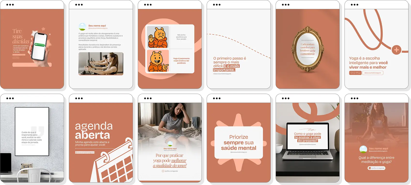 Posts para yoga com ideias de conteúdo para Instagram sobre posturas, respiração e bem-estar