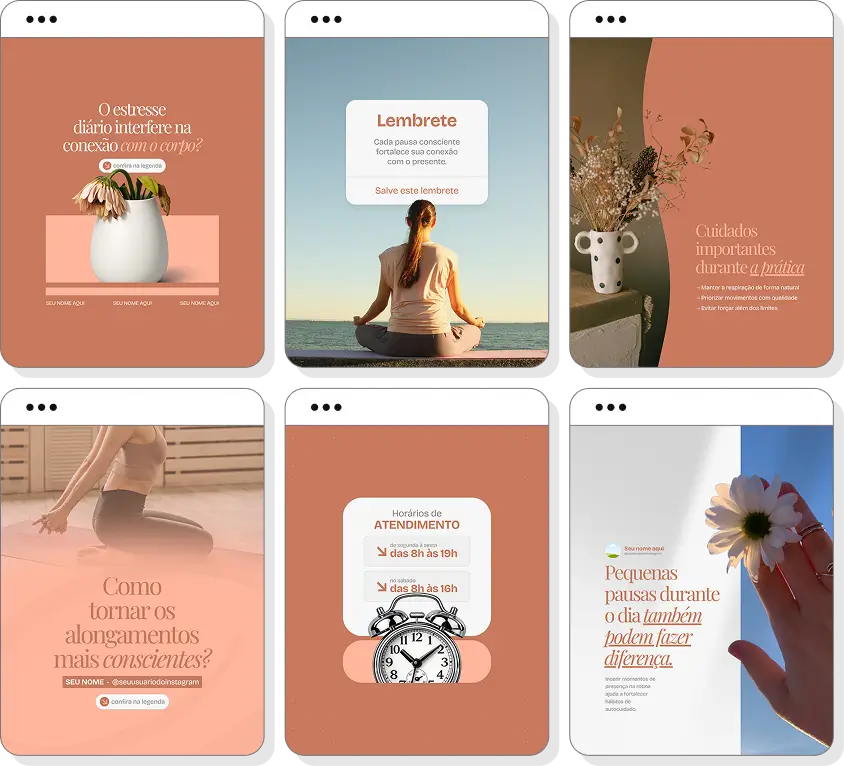 Pack de posts yoga com templates para Instagram de meditação e equilíbrio emocional