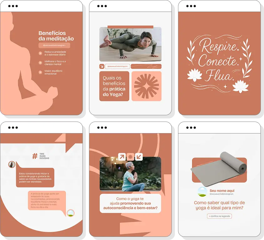 Posts para perfil de yoga no Instagram com templates Canva sobre equilíbrio e práticas de yoga