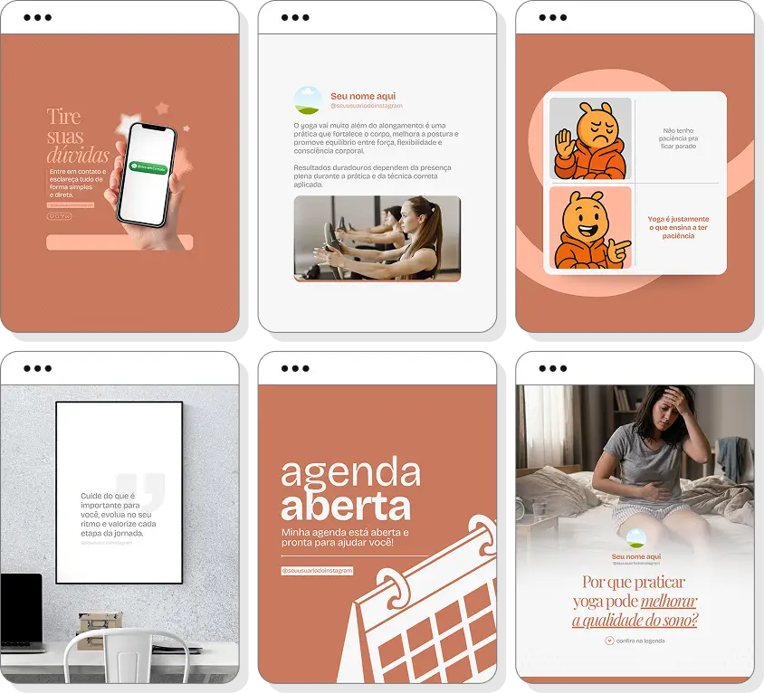 Pack Canva yoga com ideias de posts para perfil de Instagram sobre yoga e bem-estar