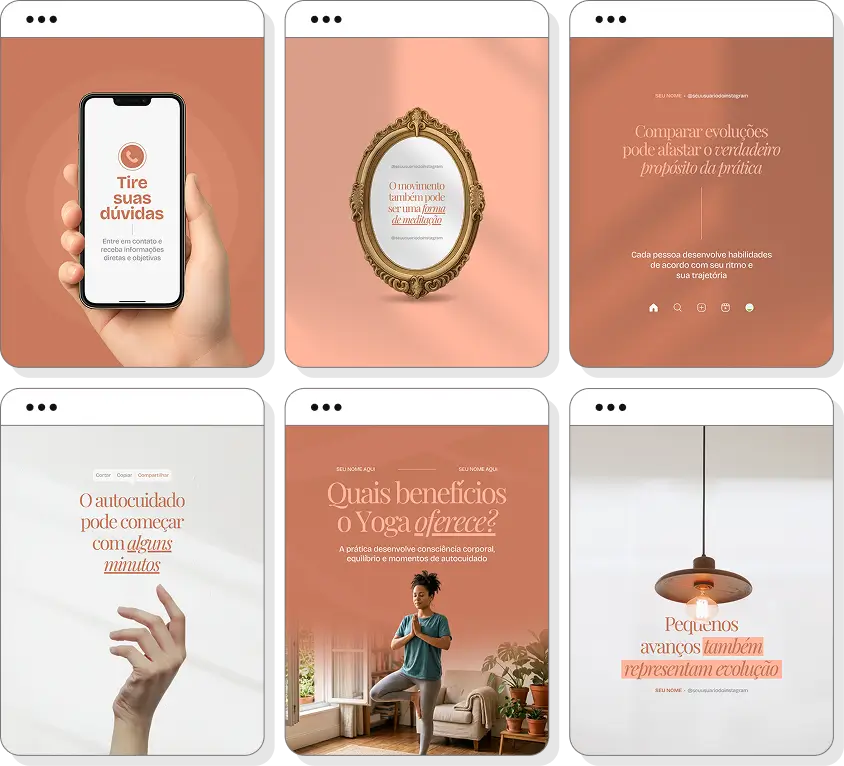 Pack Canva yoga com posts para Instagram de yoga, alongamento e bem-estar físico