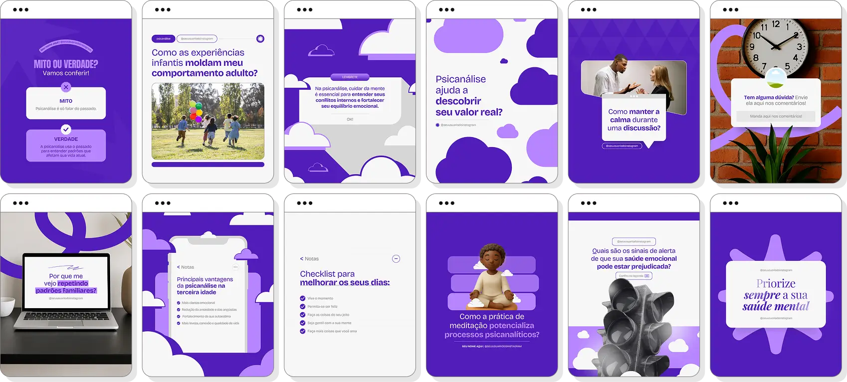 Pack de psicanálise com conteúdos editáveis para Instagram de reflexão e bem-estar emocional