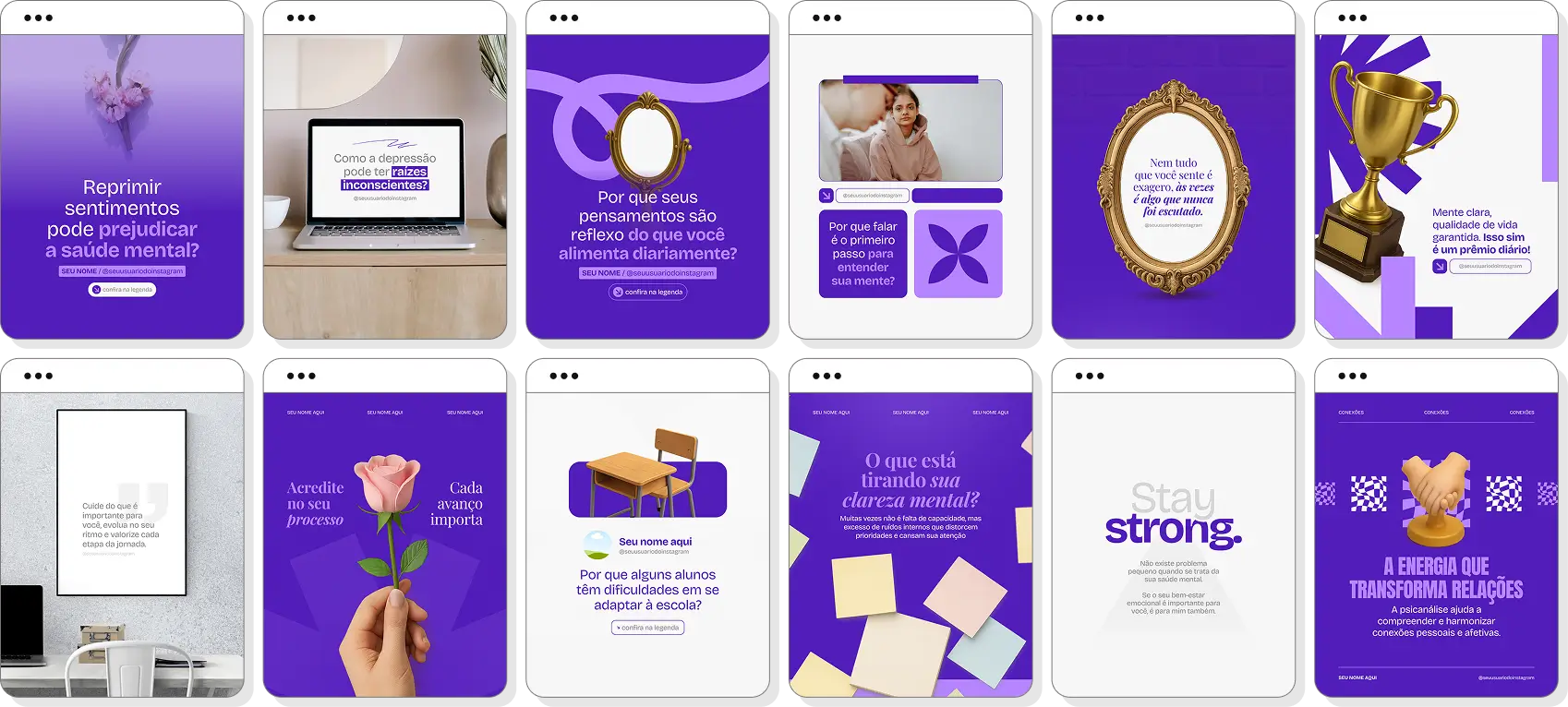 Pack de posts para psicanálise com ideias de conteúdo para Instagram de autoconhecimento e reflexão