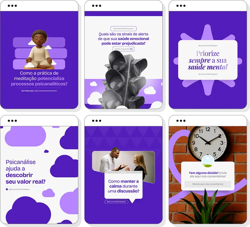 Pack Canva psicanálise com ideias de posts para perfil de Instagram sobre emoções e reflexão