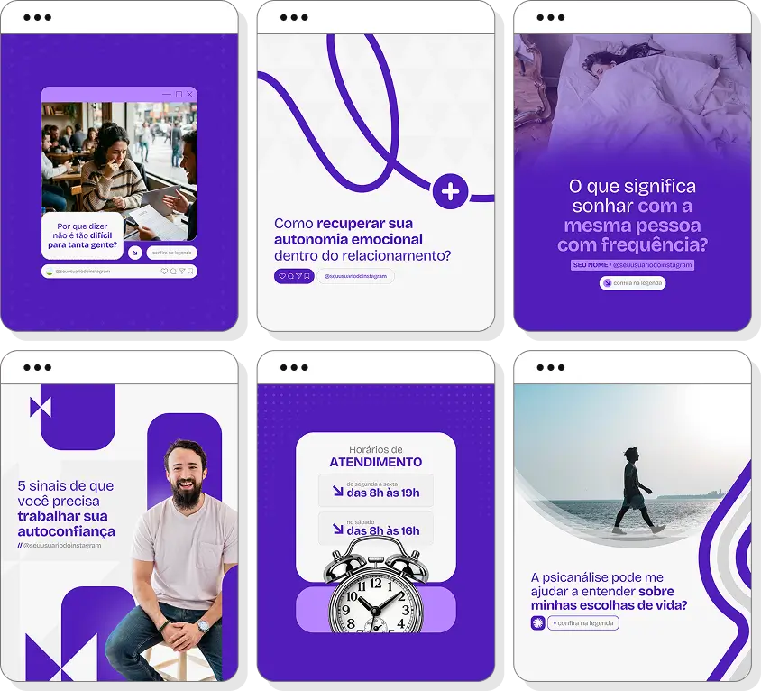 Pack de posts editáveis psicanálise com foco em emoções, reflexão e desenvolvimento emocional