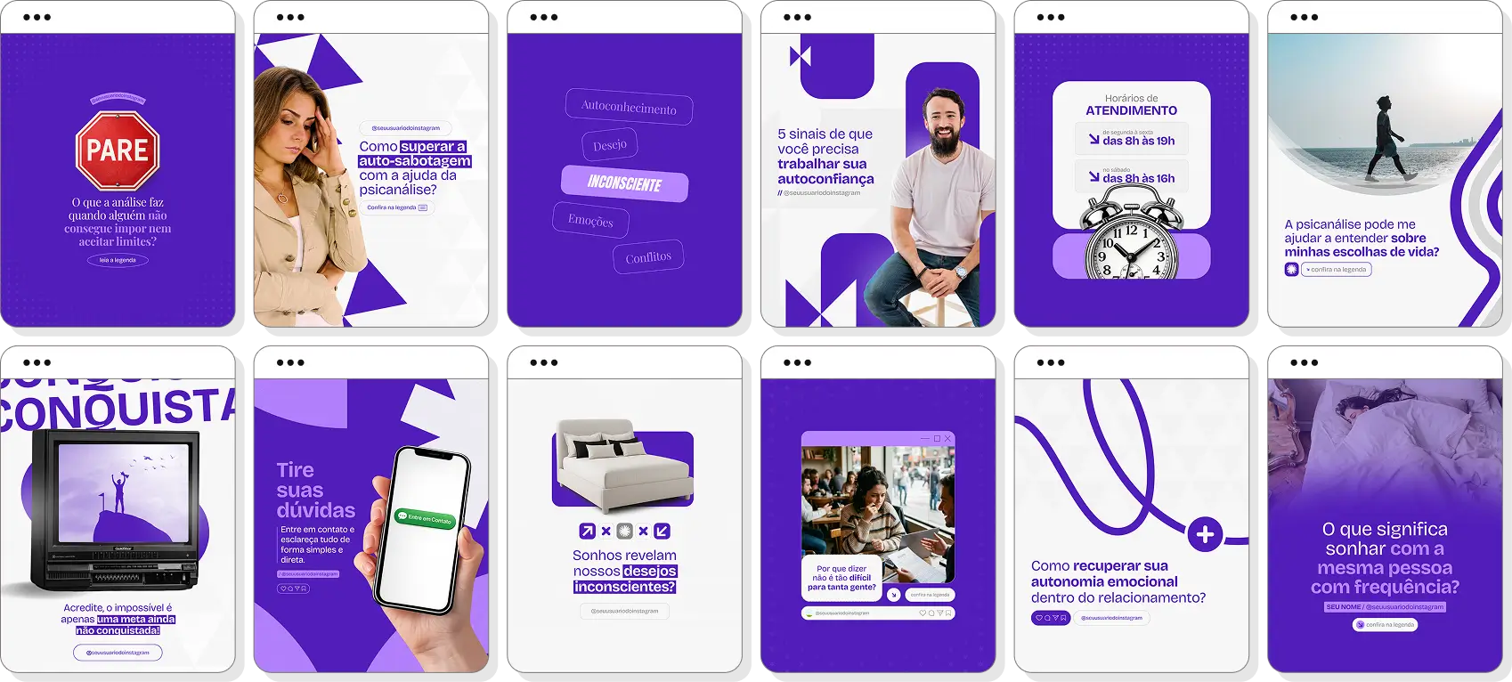 Posts para Instagram psicanálise com pack de templates Canva para psicanalistas e terapeutas