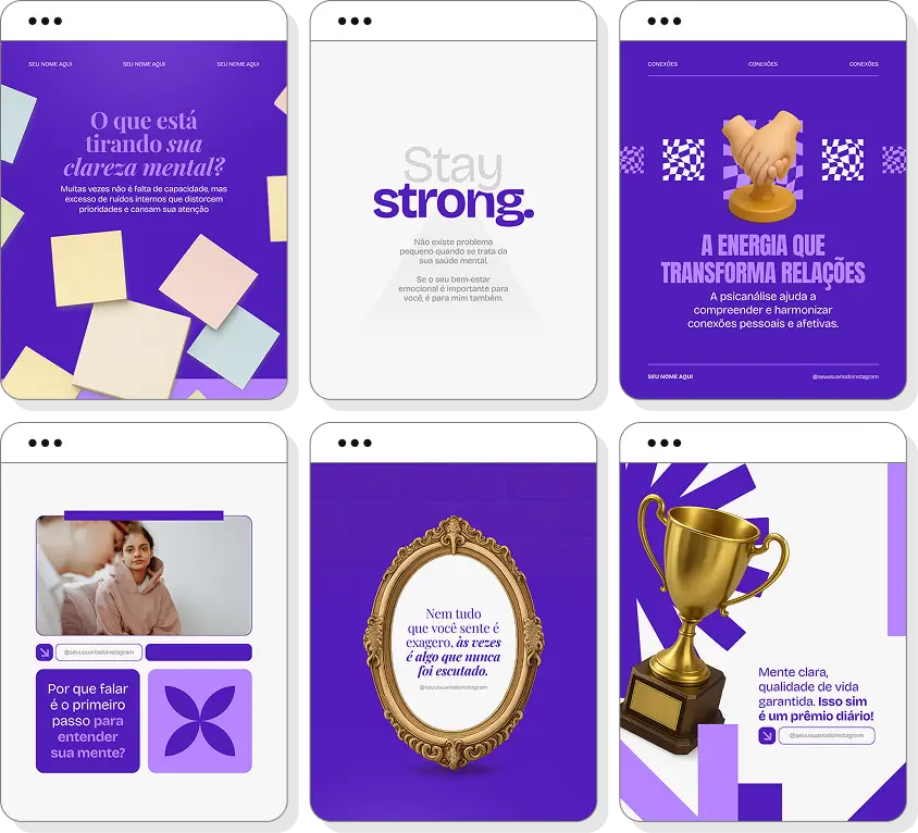 Posts para perfil de psicanálise no Instagram com templates Canva sobre autoconhecimento e comportamento