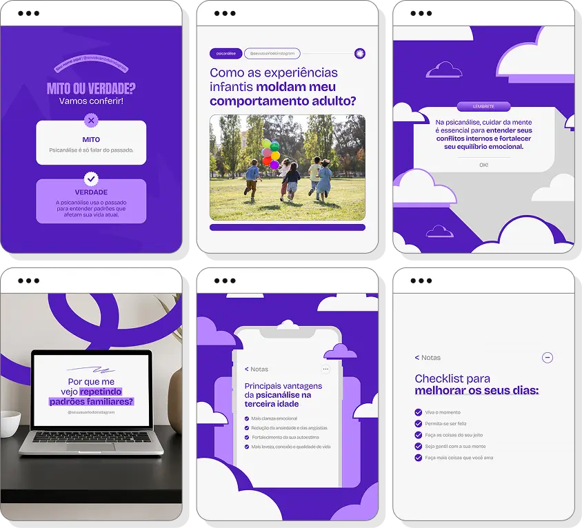 Pack social media psicanálise com conteúdos para Instagram de autoconhecimento e emoções
