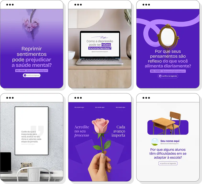 Ideias de post para psicanálise com pack de conteúdo para Instagram sobre emoções e comportamento