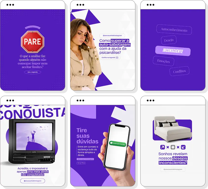 Pack Canva psicanálise com posts para Instagram de reflexão e compreensão emocional