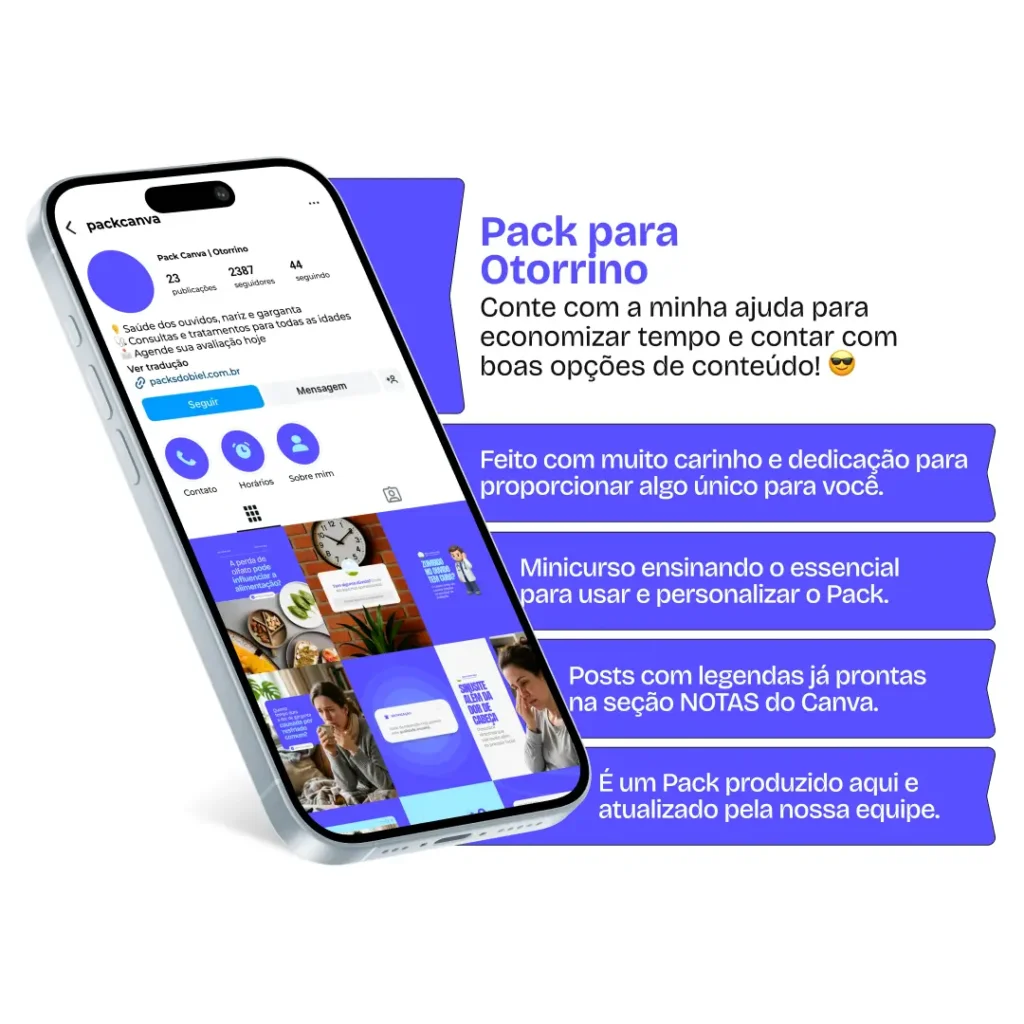 Pack Canva otorrinolaringologia com posts editáveis para Instagram de ouvido, nariz e garganta