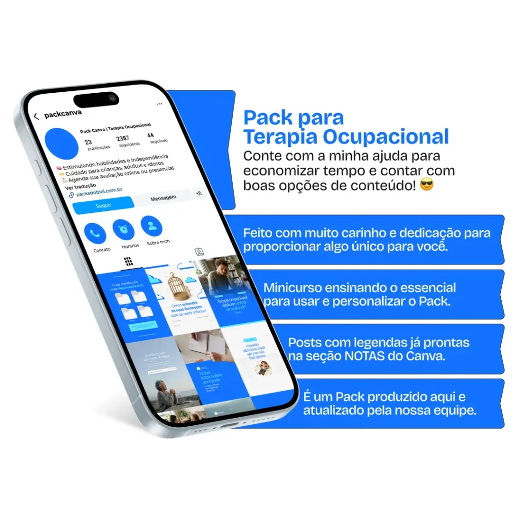 Pack Canva terapia ocupacional com conteúdos para Instagram de qualidade de vida e autonomia