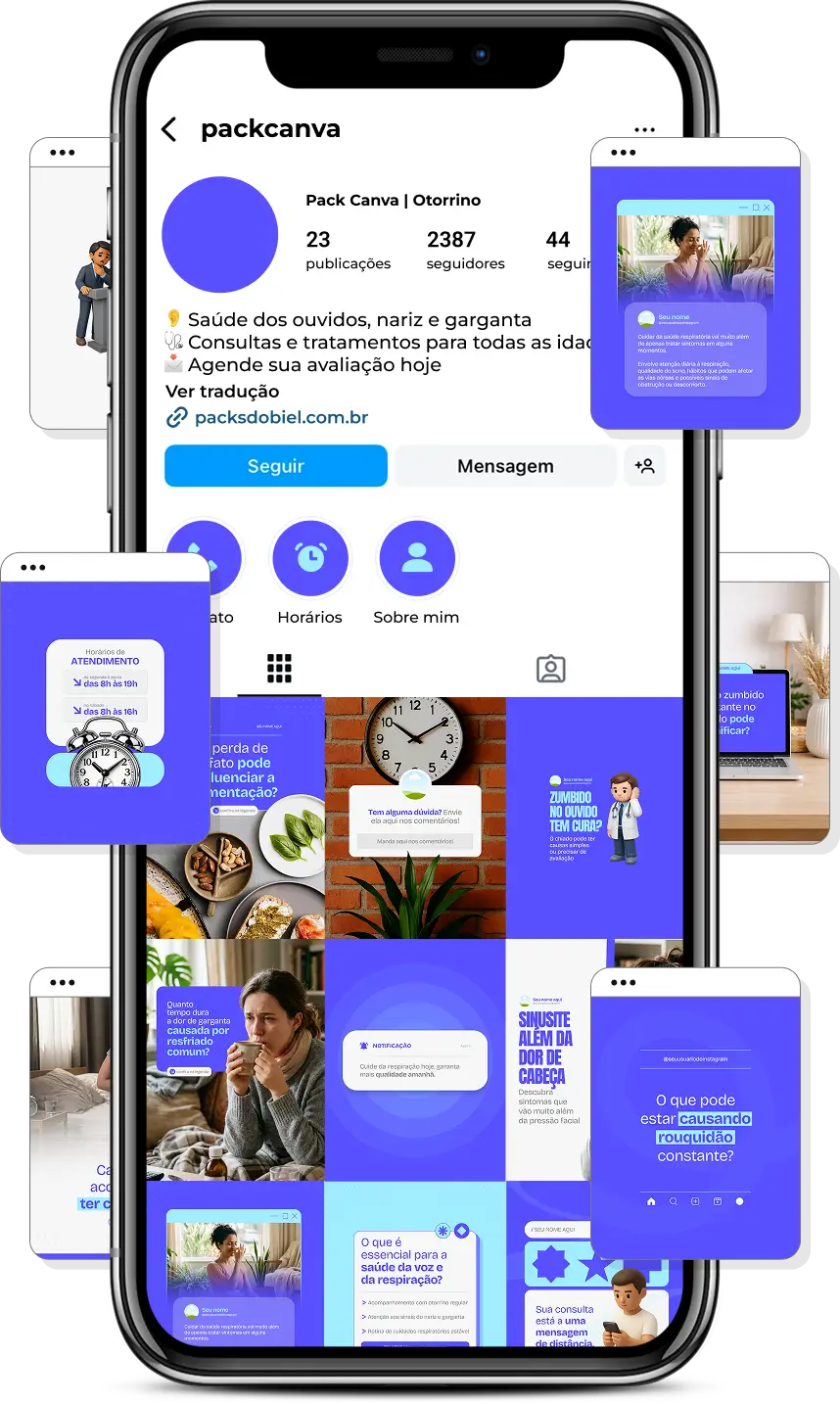 Pack de posts para otorrinolaringologia com templates no Canva para Instagram sobre saúde auditiva e respiratória