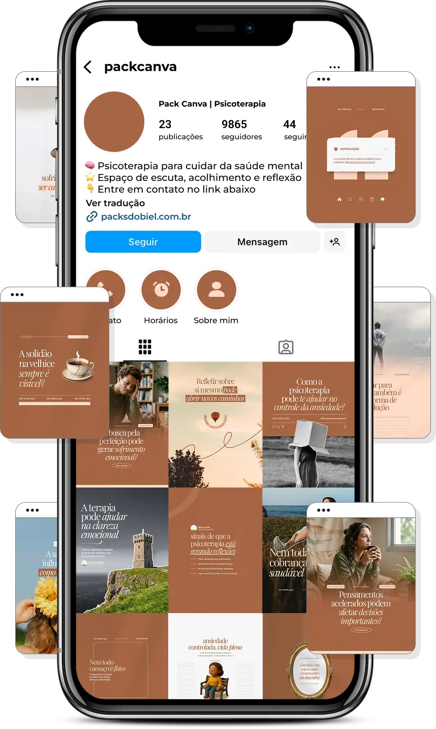 Posts para perfil de psicoterapia no Instagram com templates Canva sobre terapia e bem-estar emocional