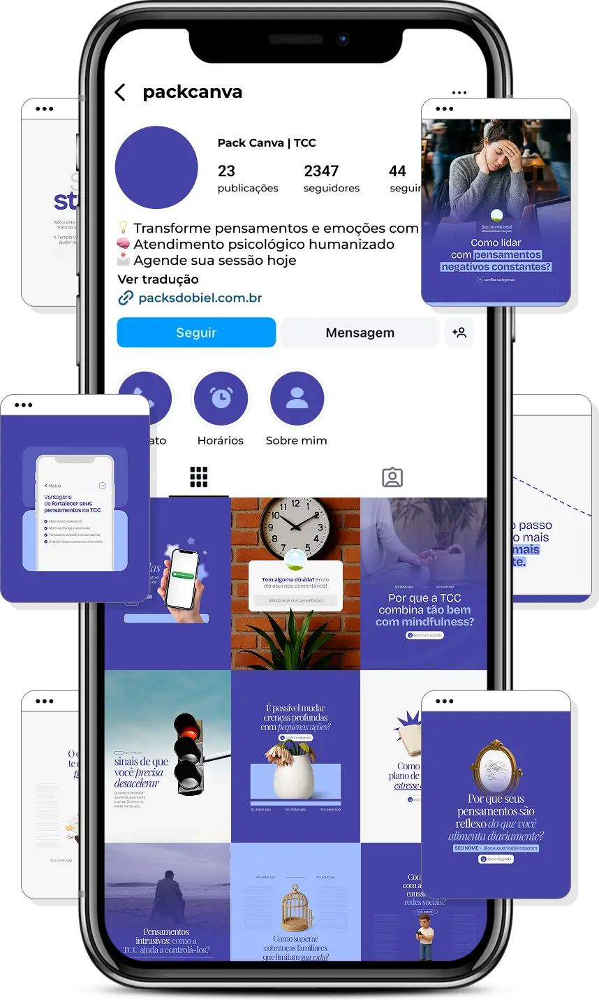 Ideias de post para terapia cognitivo comportamental com pack de conteúdo para Instagram sobre TCC