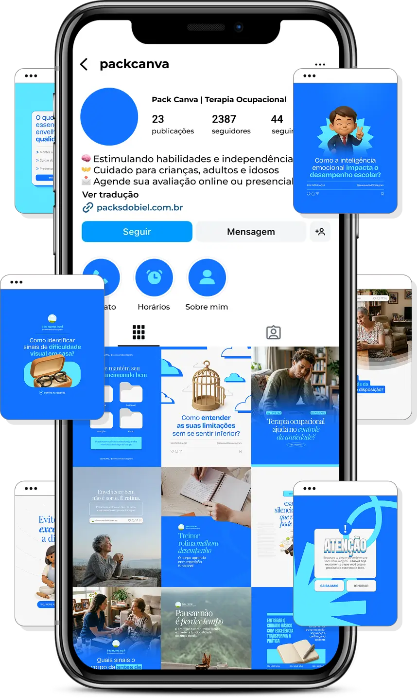 Pack de posts terapia ocupacional com templates para Instagram de autonomia e inclusão
