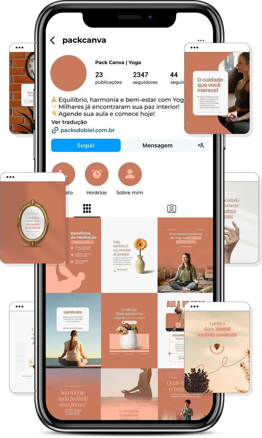 Pack Canva Yoga com posts editáveis para Instagram sobre yoga, meditação, equilíbrio e qualidade de vida