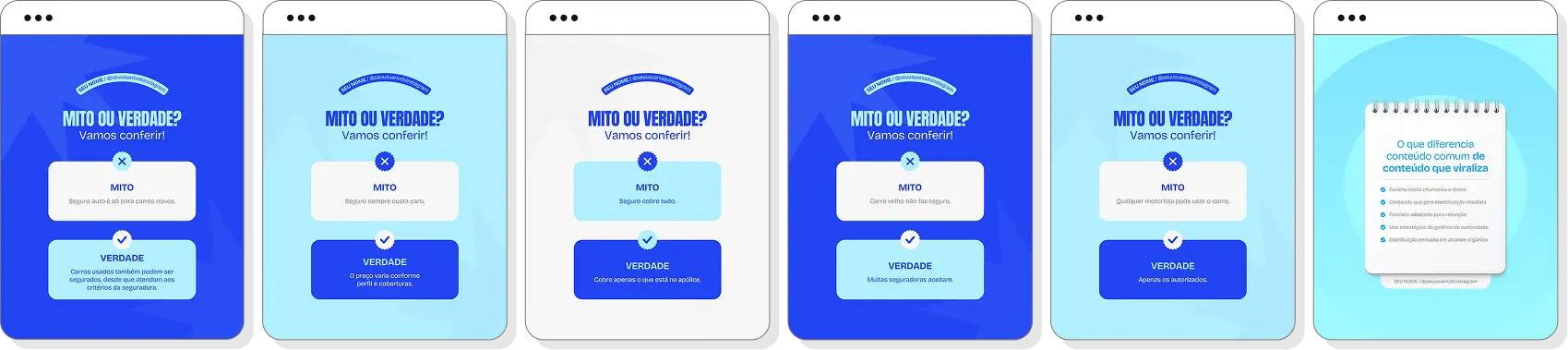 Pack de posts editáveis para Instagram corretor de seguro auto com foco em proteção e seguros de veículos