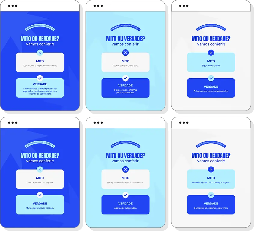 Pack de posts corretor de seguro auto com conteúdo para Instagram de seguros e cobertura automotiva