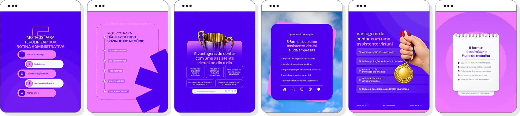 Posts para assistente virtual com pack de conteúdo editável no Canva para Instagram profissional