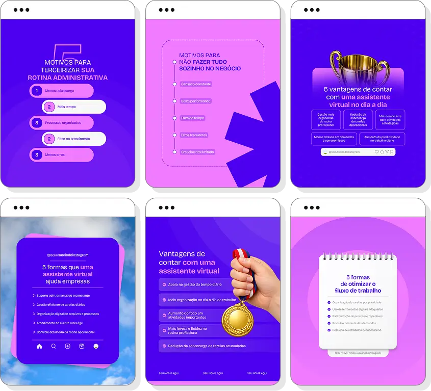 Pack Canva assistente virtual com artes para Instagram de suporte remoto e eficiência profissional