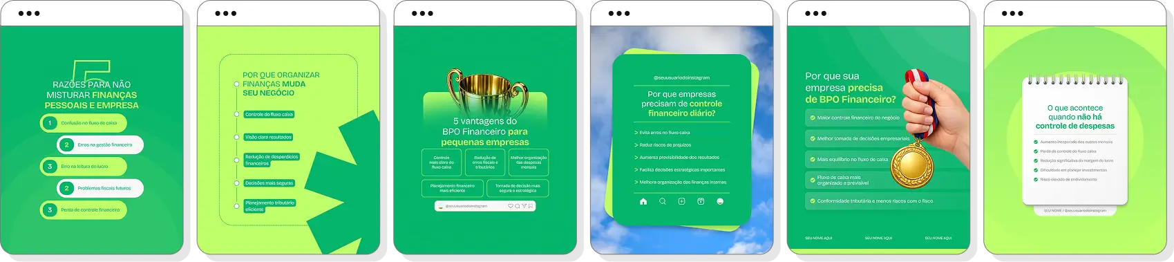 Pack de posts para BPO financeiro com templates no Canva para Instagram sobre gestão financeira e fluxo de caixa