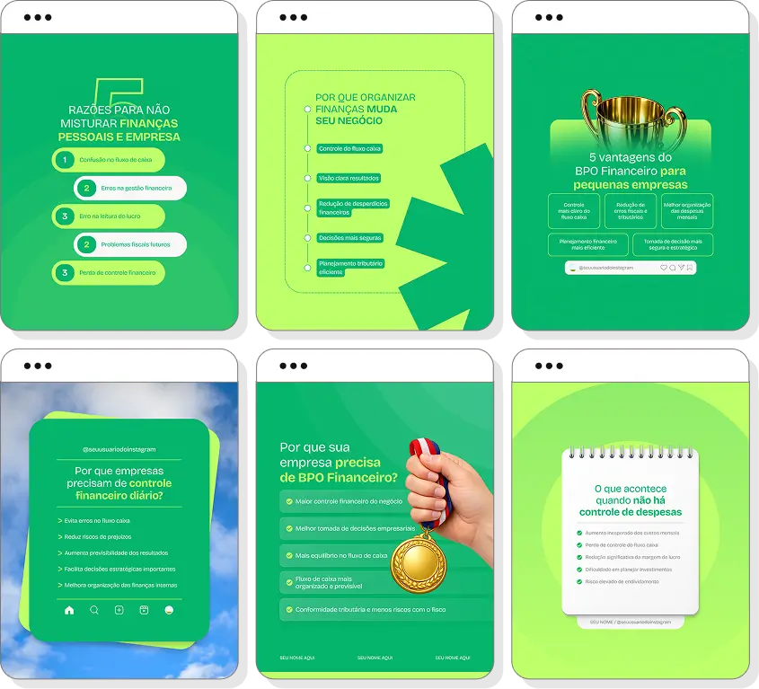Social media BPO financeiro com pack de posts para Instagram de gestão financeira e produtividade empresarial