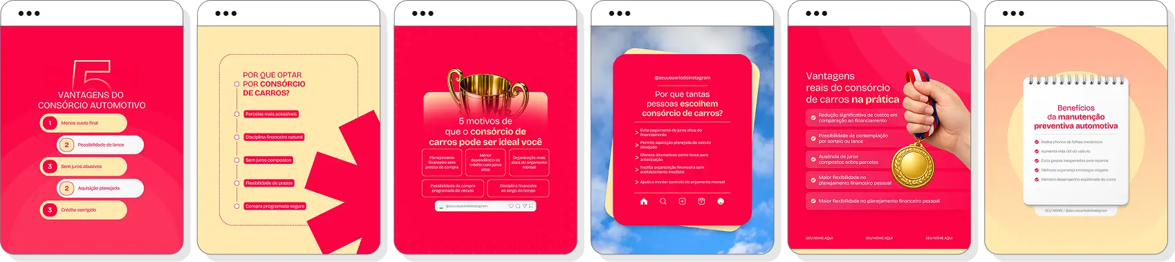 Posts para consórcio de carros com ideias de conteúdo para Instagram sobre compra planejada de veículos