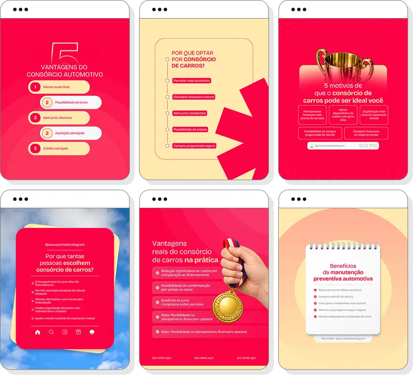 Pack Canva consórcio de carros com posts editáveis para Instagram de cartas de crédito e automóveis