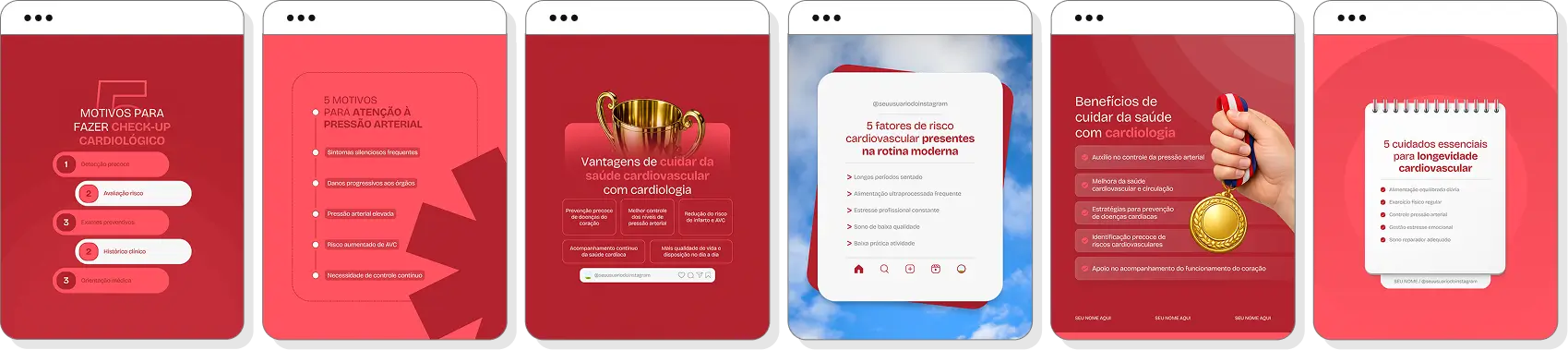 Pack de posts para cardiologista com ideias de conteúdo para Instagram de coração e saúde