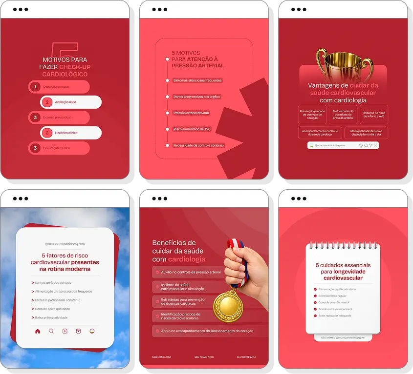 Pack social media cardiologista com templates para Instagram de prevenção cardiovascular e bem-estar