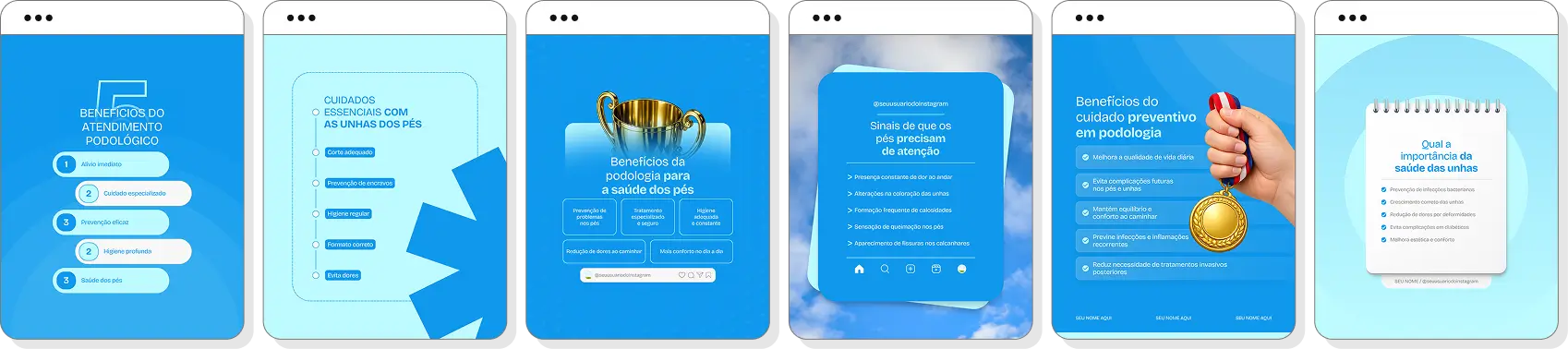 Pack Canva podologia com conteúdos editáveis para social media de podologia e saúde dos pés