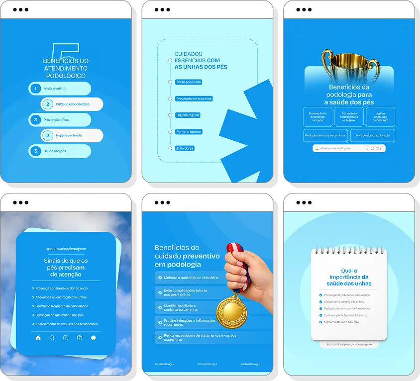 Social media podologia com templates para Instagram de cuidados com os pés e unhas